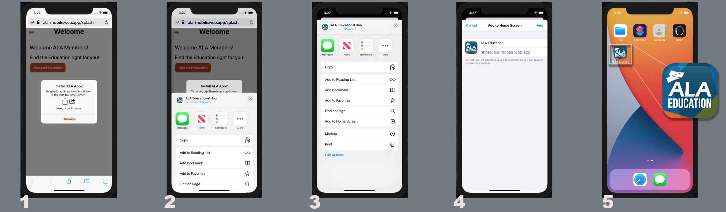 Five steps to install the ALA App on an Apple iPhone