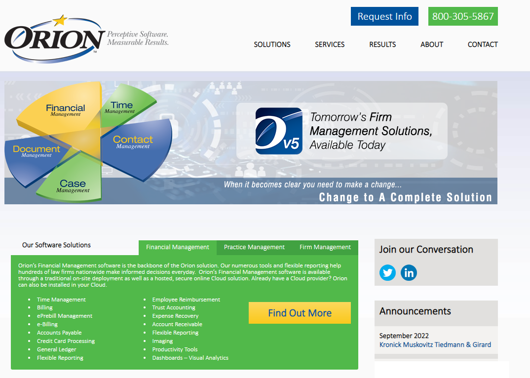 Orion Law Management Systems website